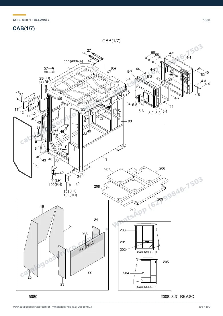 Catálogo de peças Hyundai HL740TM-7A: desenho de montagem — cabine, assento e comandos