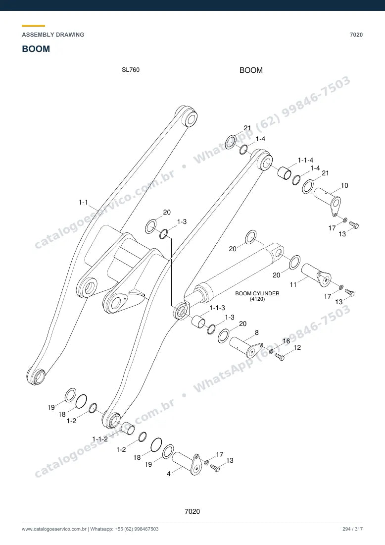 Catálogo de peças Hyundai SL760: desenho de montagem — lança, braço e caçamba