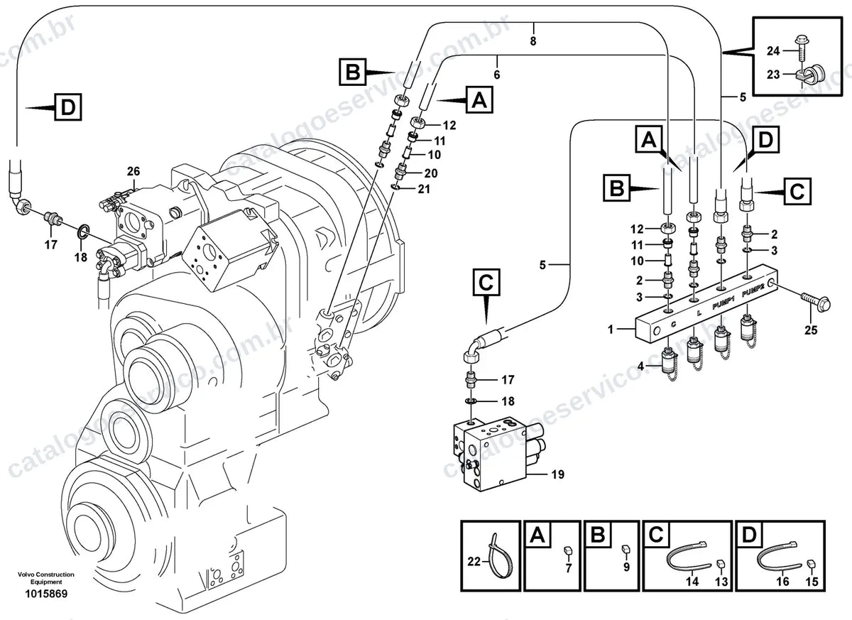 Vista explodida – transmissão de força – Catálogo de Peças Volvo L120E