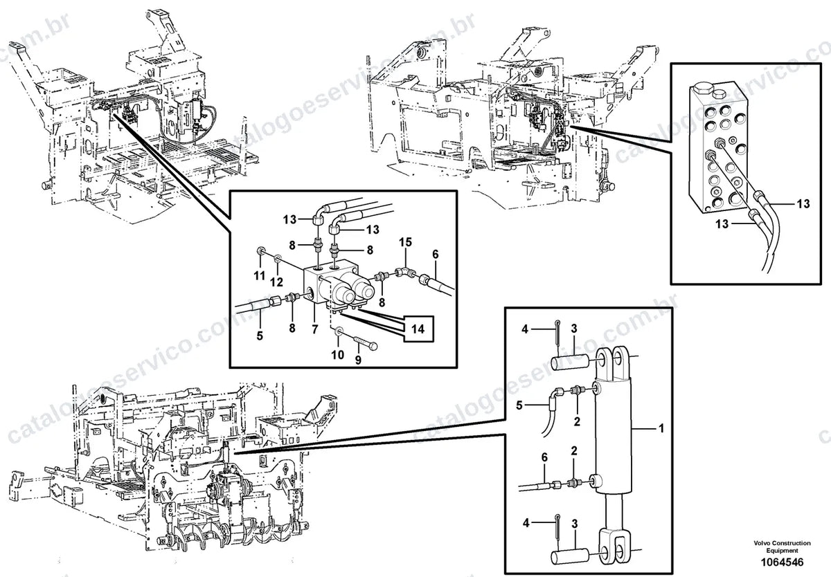 Vista explodida – sistema hidráulico e equipamento de trabalho – Catálogo de Peças Volvo ABG7820