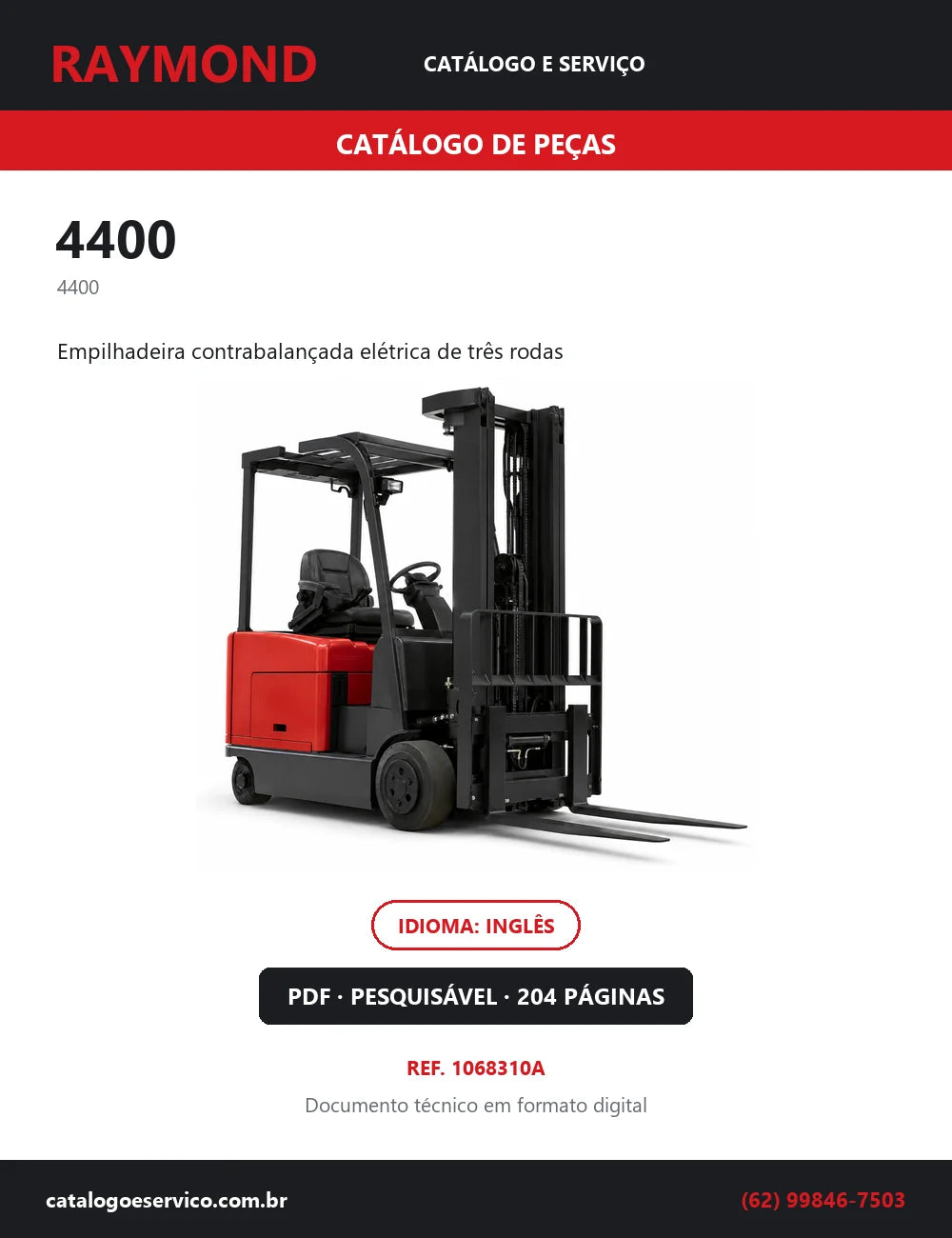 Capa do Catálogo de Peças Raymond 4400 — empilhadeira contrabalançada elétrica de três rodas, 204 páginas em PDF