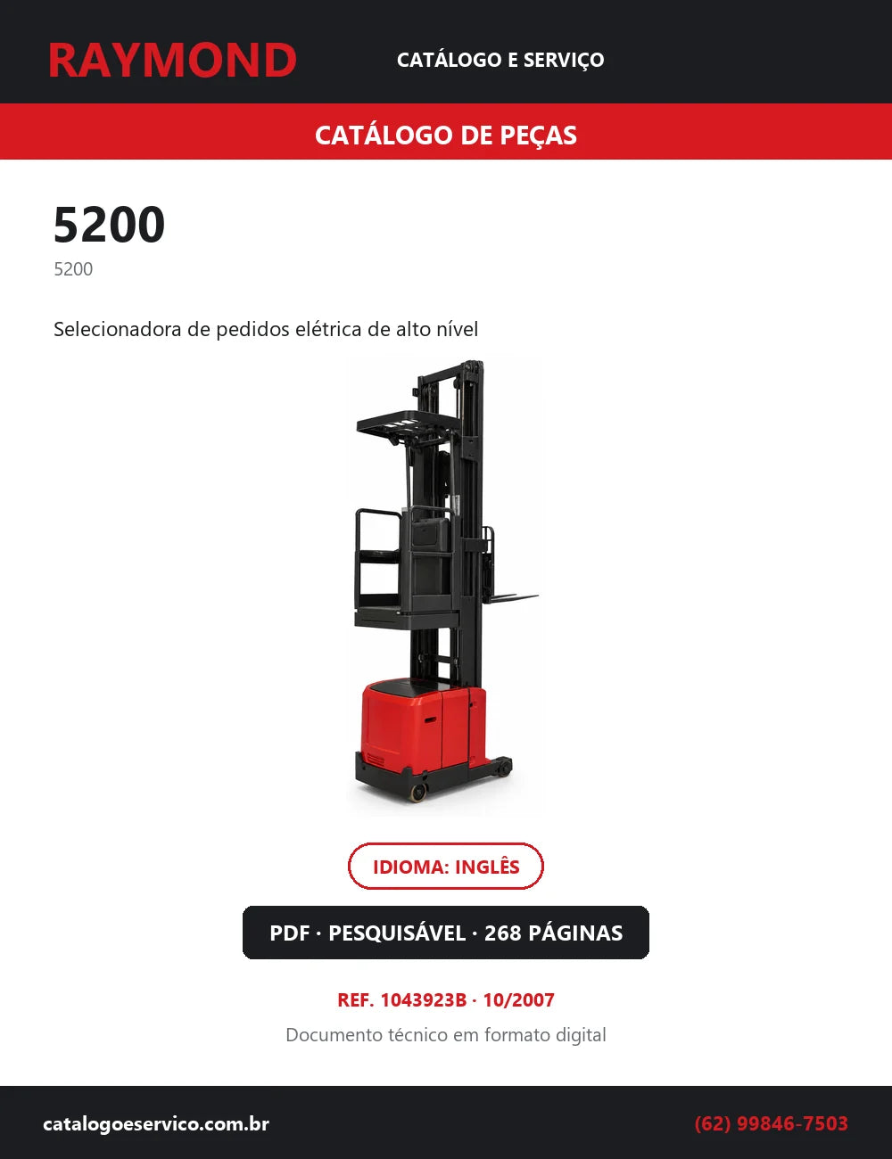 Capa do Catálogo de Peças Raymond 5200 — selecionadora de pedidos elétrica de alto nível, 268 páginas em PDF