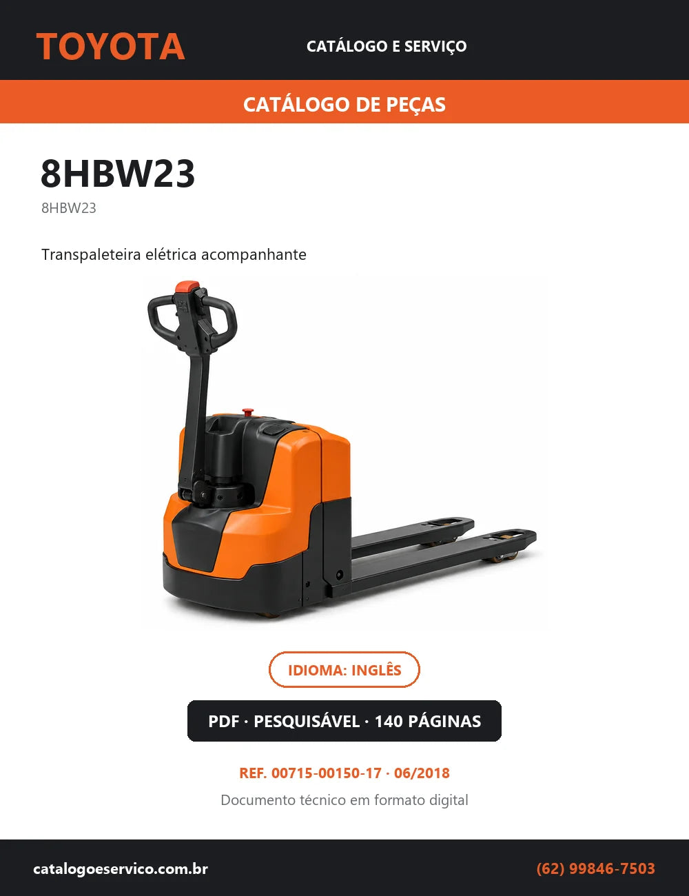 Capa do Catálogo de Peças Toyota 8HBW23 — transpaleteira elétrica acompanhante, 140 páginas em PDF