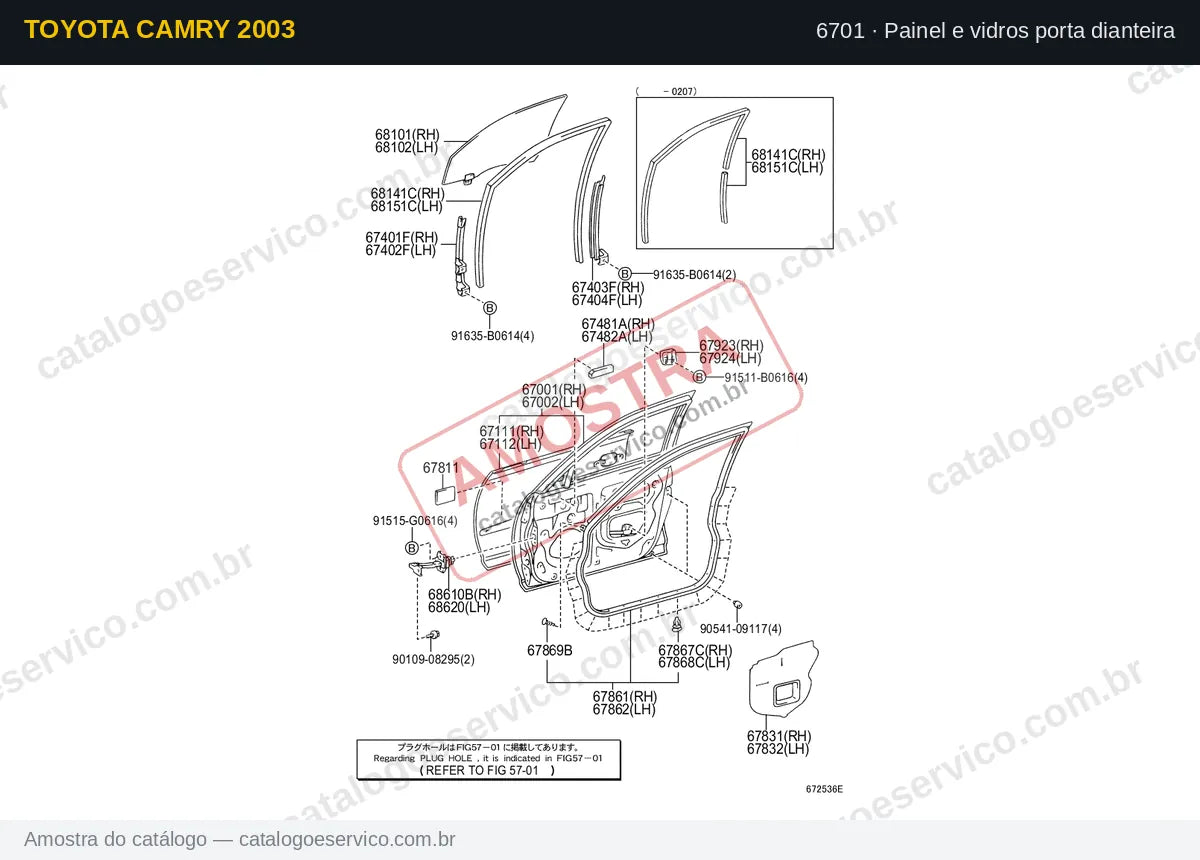 Vista explodida Painel e vidros porta dianteira — Toyota Camry 2003