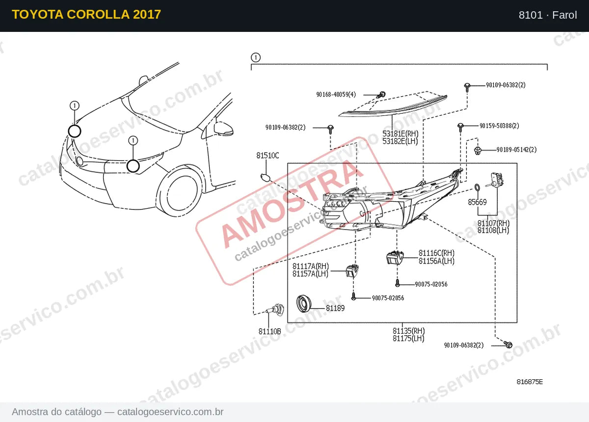 Vista explodida Farol — Toyota Corolla 2017