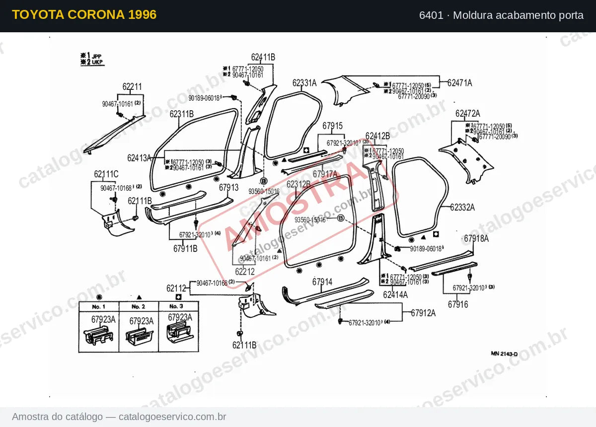 Vista explodida Moldura acabamento porta — Toyota Corona 1996