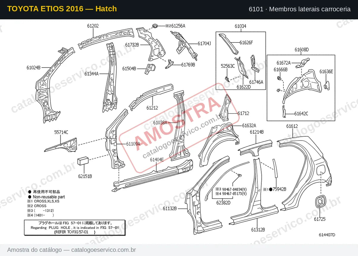 Vista explodida Membros laterais carroceria — Toyota Etios 2016 — Hatch