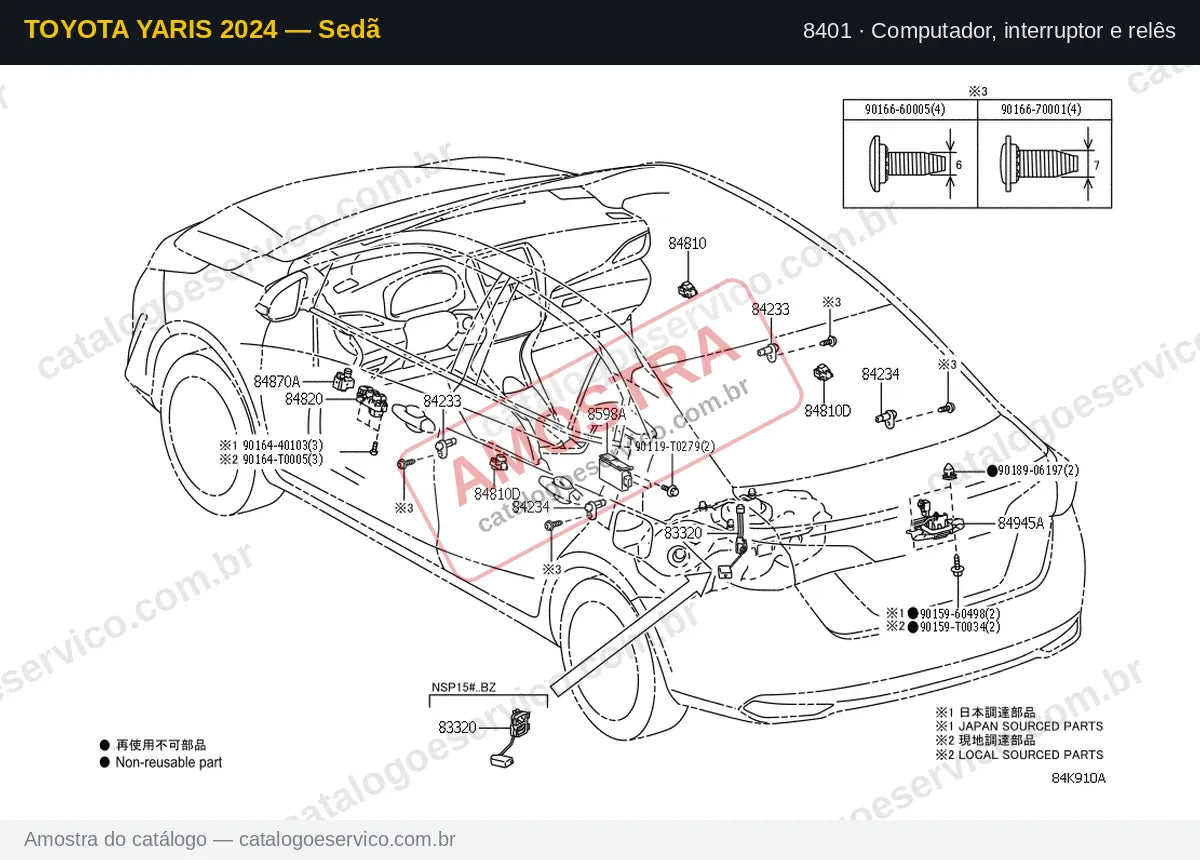 Vista explodida Computador, interruptor e relês — Toyota Yaris 2024 — Sedã