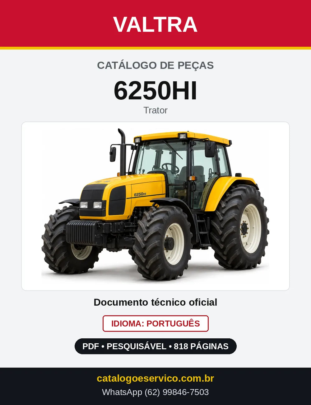Capa do Catálogo de Peças Valtra 6250HI — Trator