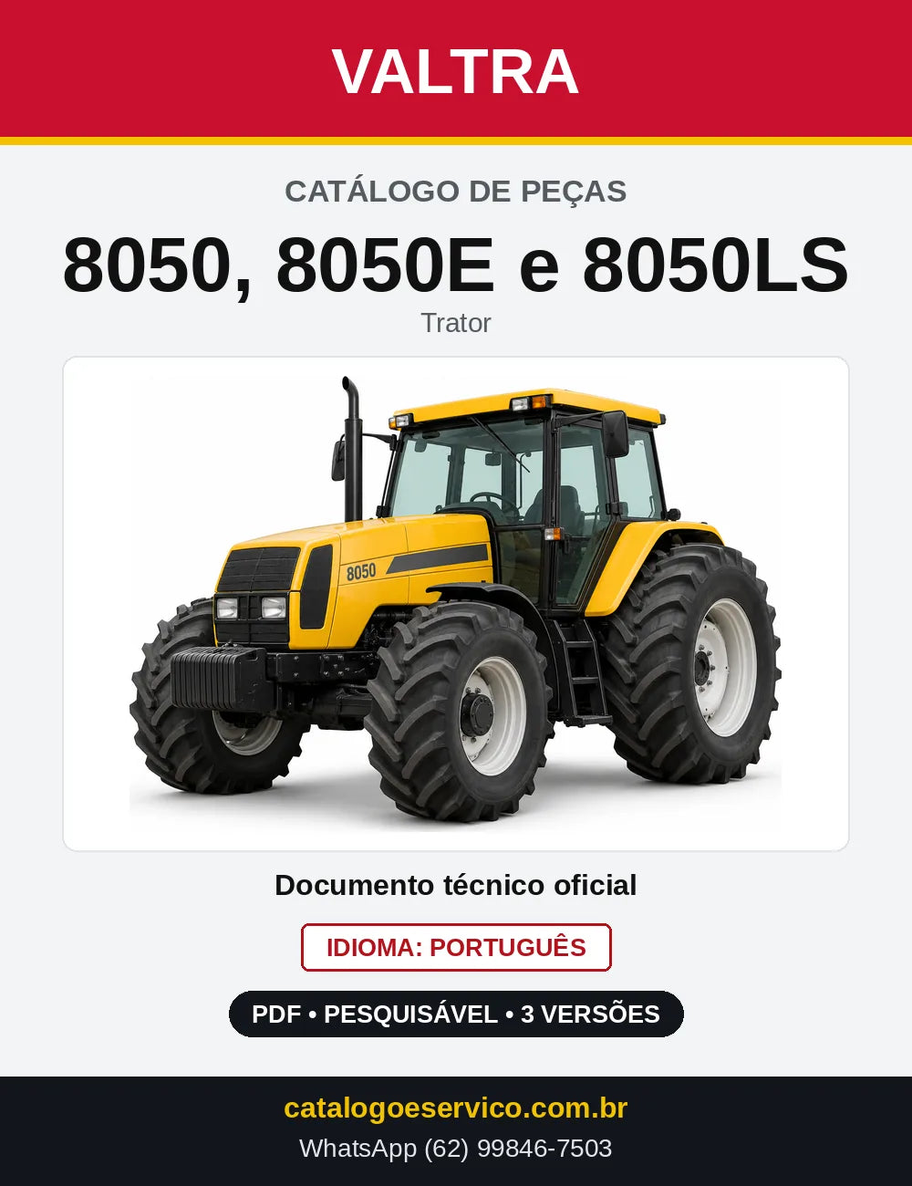 Capa do Catálogo de Peças Valtra 8050, 8050E e 8050LS — Trator