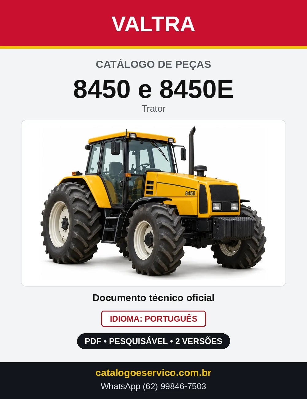 Capa do Catálogo de Peças Valtra 8450 e 8450E — Trator