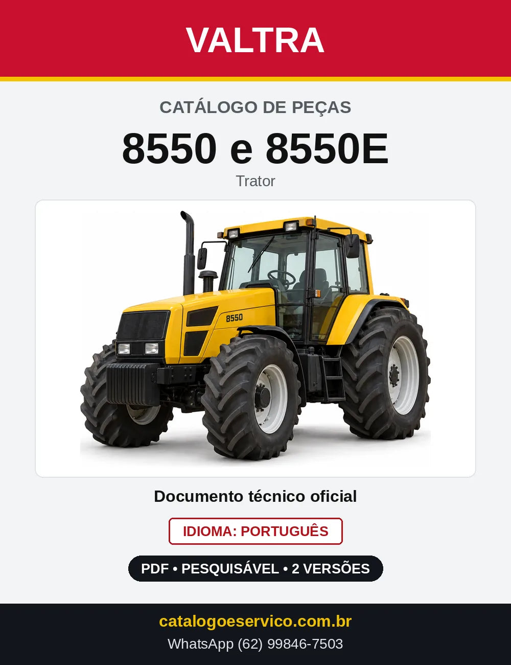 Capa do Catálogo de Peças Valtra 8550 e 8550E — Trator