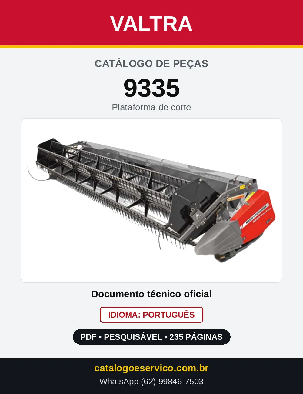 Capa do Catálogo de Peças Valtra 9335 — Plataforma de corte