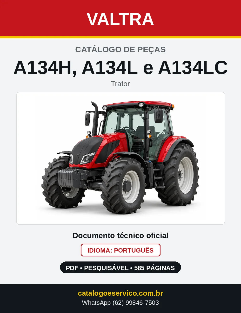 Capa do catálogo de peças Valtra A134H, A134L e A134LC em PDF