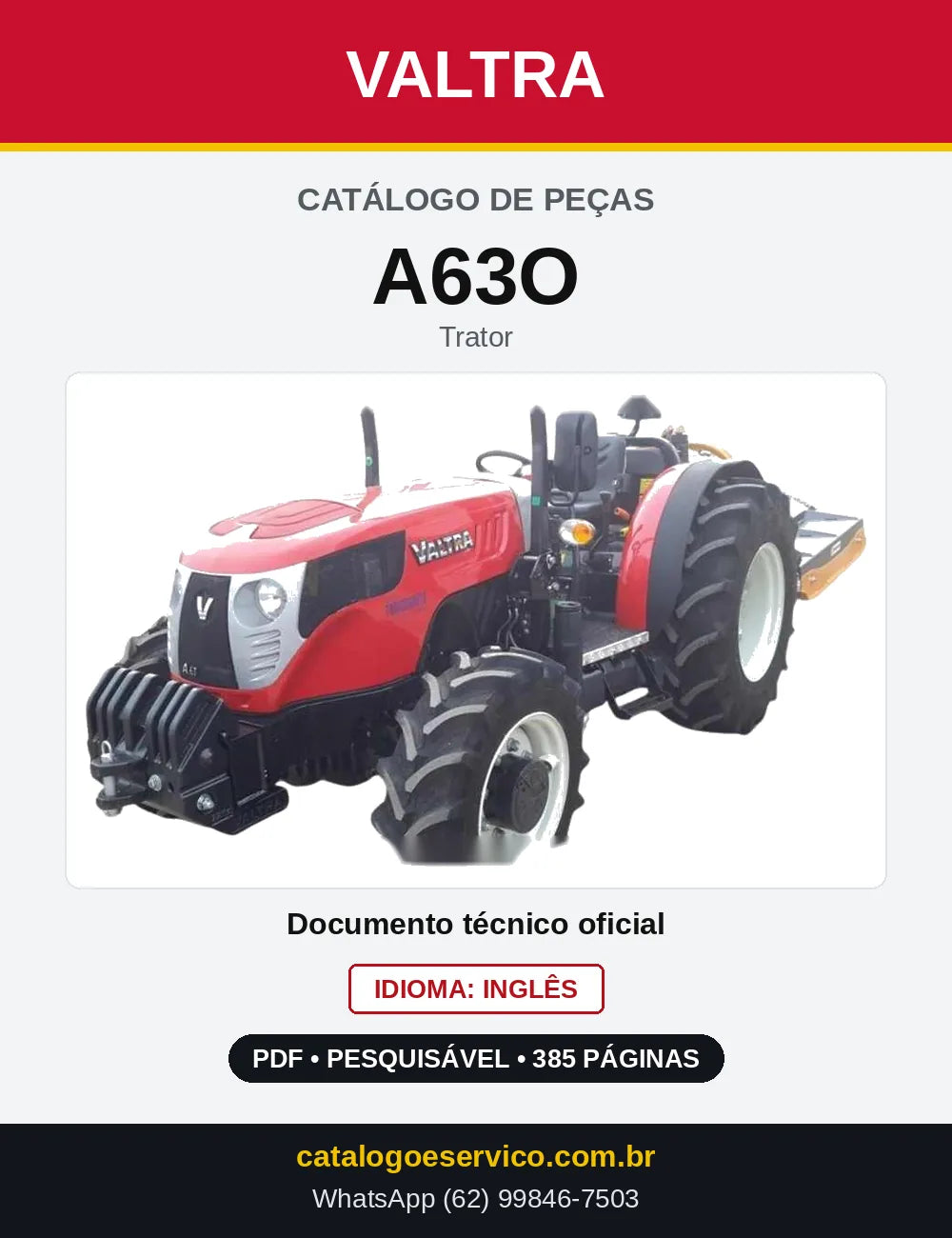 Capa do Catálogo de Peças Valtra A63O — Trator