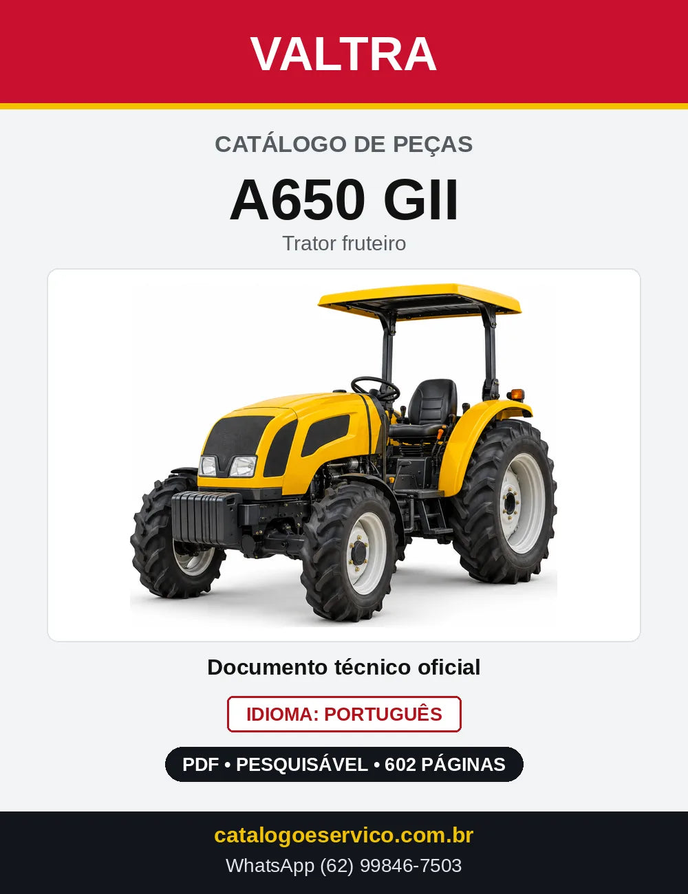 Capa do Catálogo de Peças Valtra A650 GII — Trator fruteiro