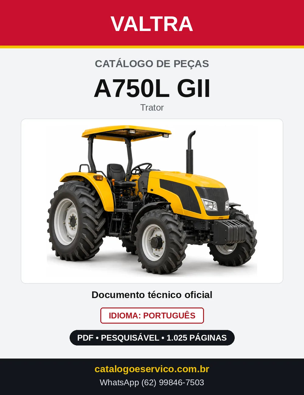 Capa do Catálogo de Peças Valtra A750L GII — Trator