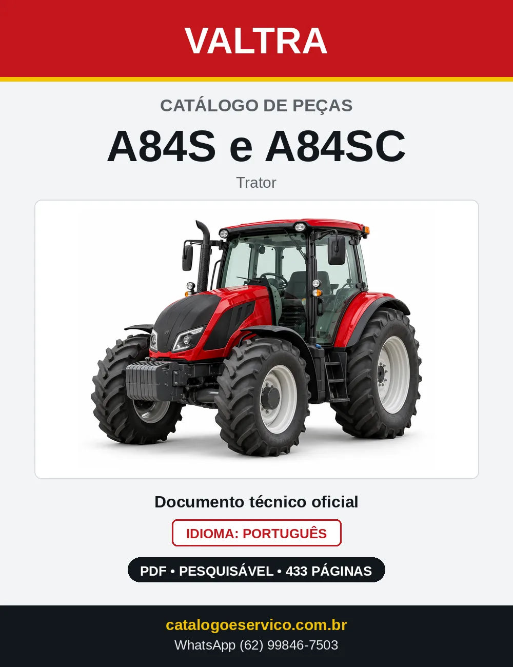 Capa do catálogo de peças Valtra A84S e A84SC em PDF