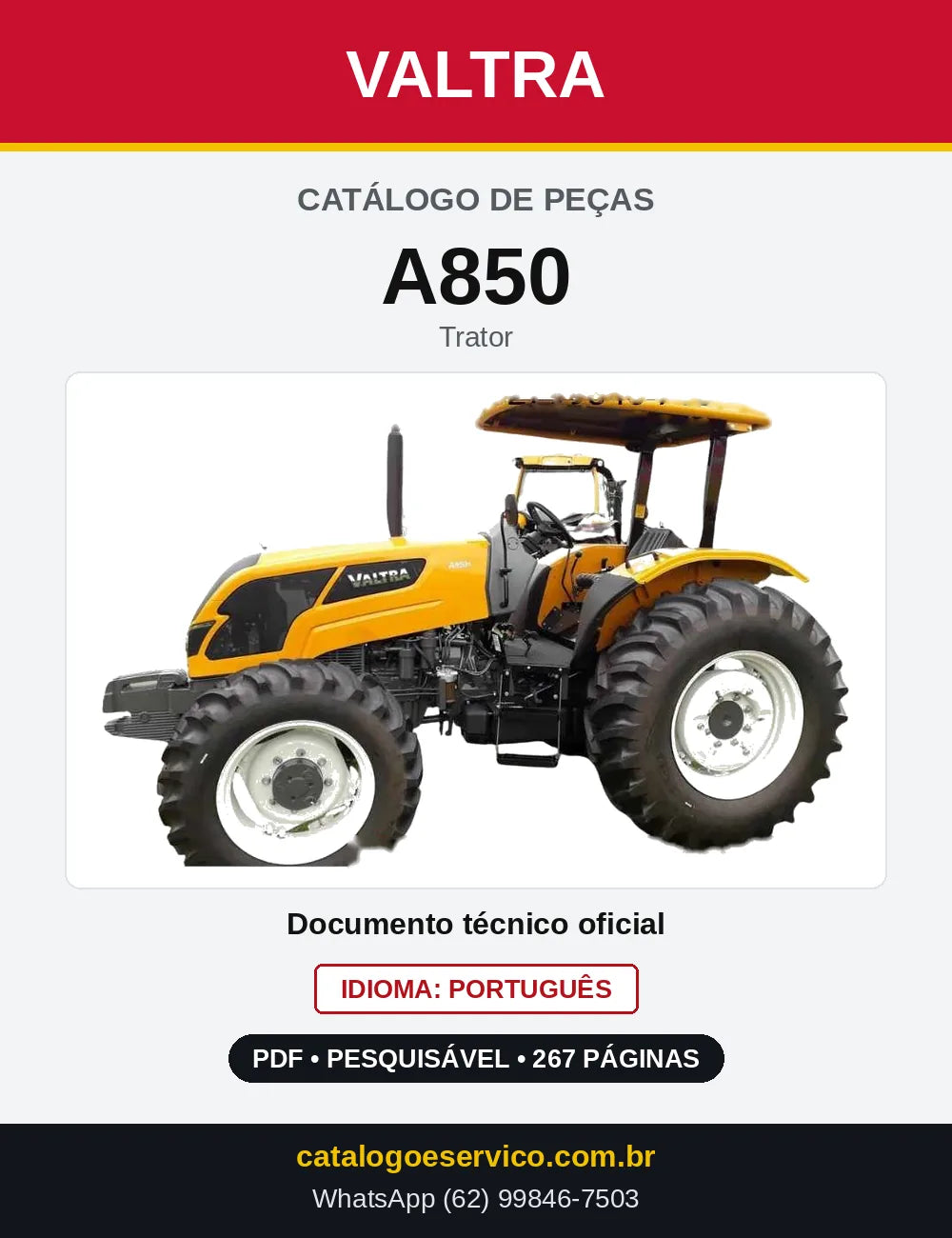 Capa do Catálogo de Peças Valtra A850 — Trator