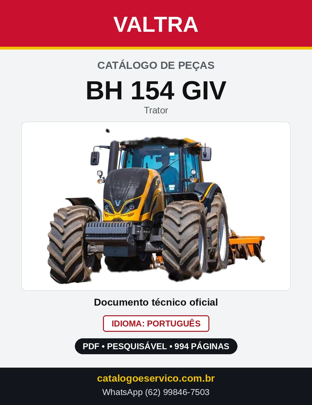 Capa do Catálogo de Peças Valtra BH 154 GIV — Trator