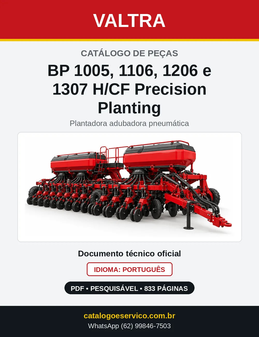 Capa do catálogo de peças Valtra BP 1005, 1106, 1206 e 1307 H/CF Precision Planting em PDF
