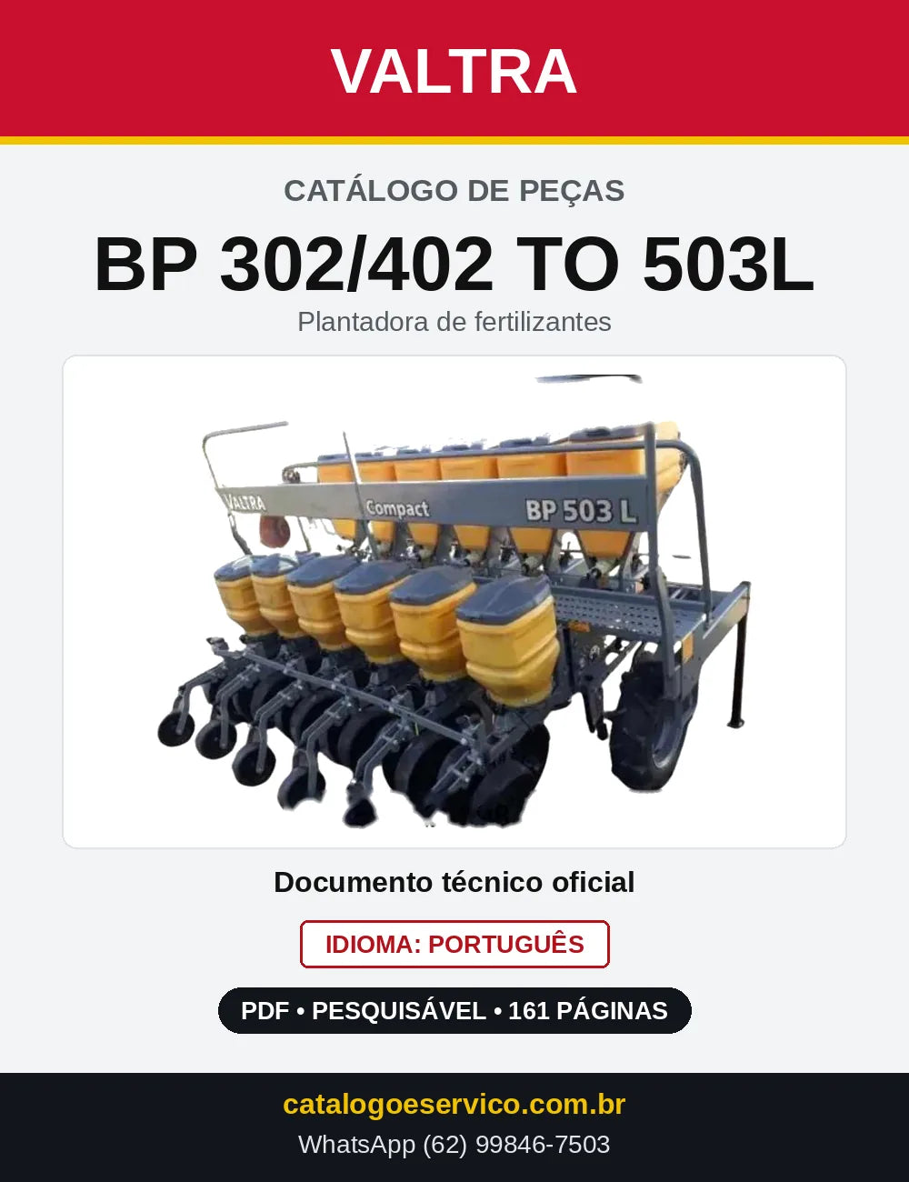 Capa do Catálogo de Peças Valtra BP 302/402 a 503L — Plantadora de fertilizantes