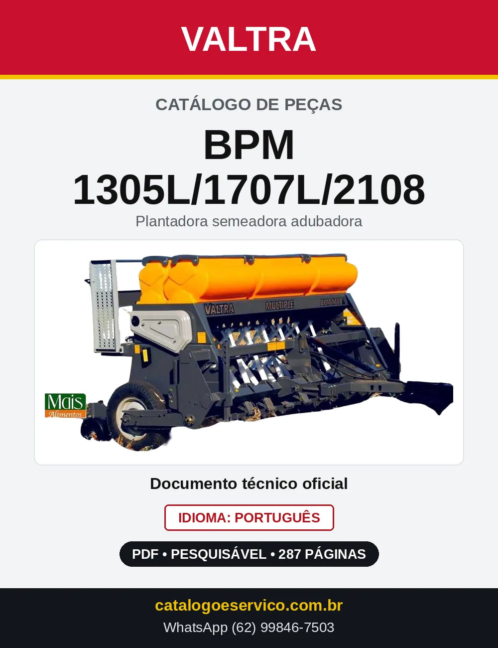 Capa do Catálogo de Peças Valtra BPM 1305L/1707L/2108 — Plantadora semeadora adubadora