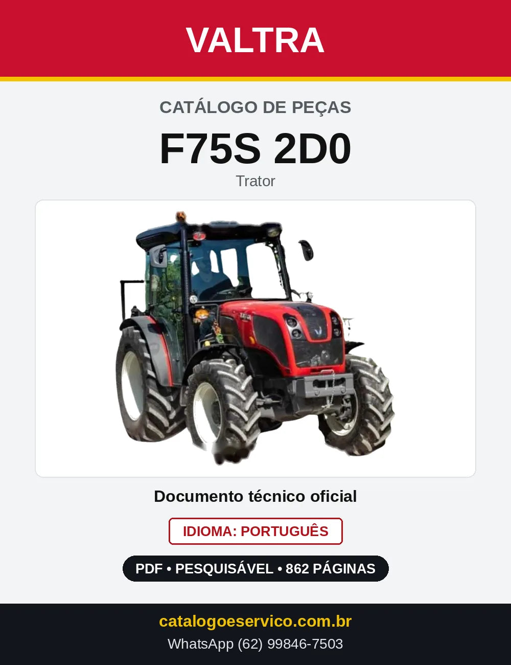 Capa do Catálogo de Peças Valtra F75S 2D0 — Trator