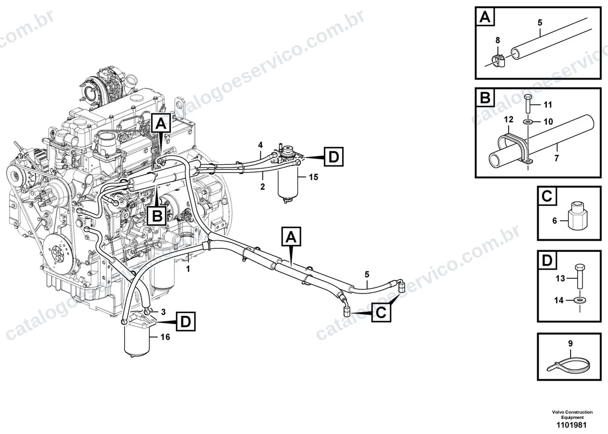 Vista explodida – motor – Catálogo de Peças Volvo DD100B