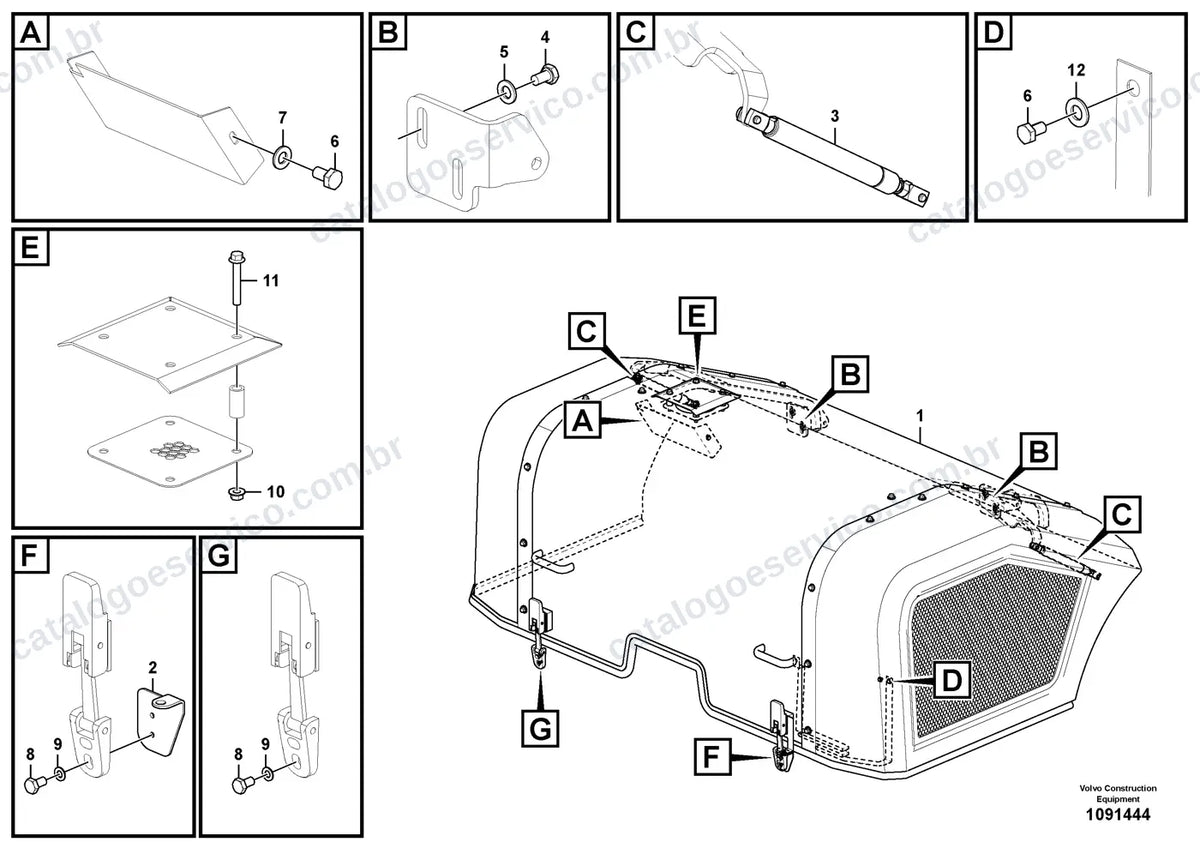 Vista explodida – cabine, carroceria e acessórios – Catálogo de Peças Volvo DD120C