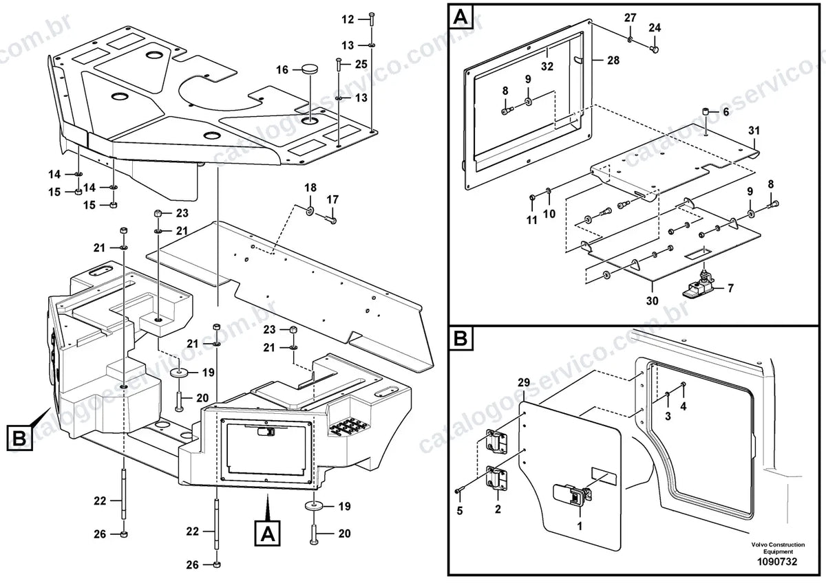 Vista explodida – cabine, carroceria e acessórios – Catálogo de Peças Volvo DD140C