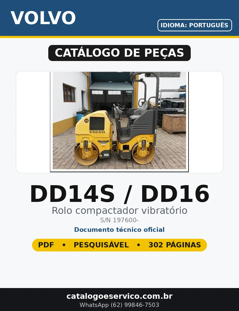 Catálogo de Peças Volvo DD14S / DD16 em PDF — capa do documento técnico (302 páginas, Português)
