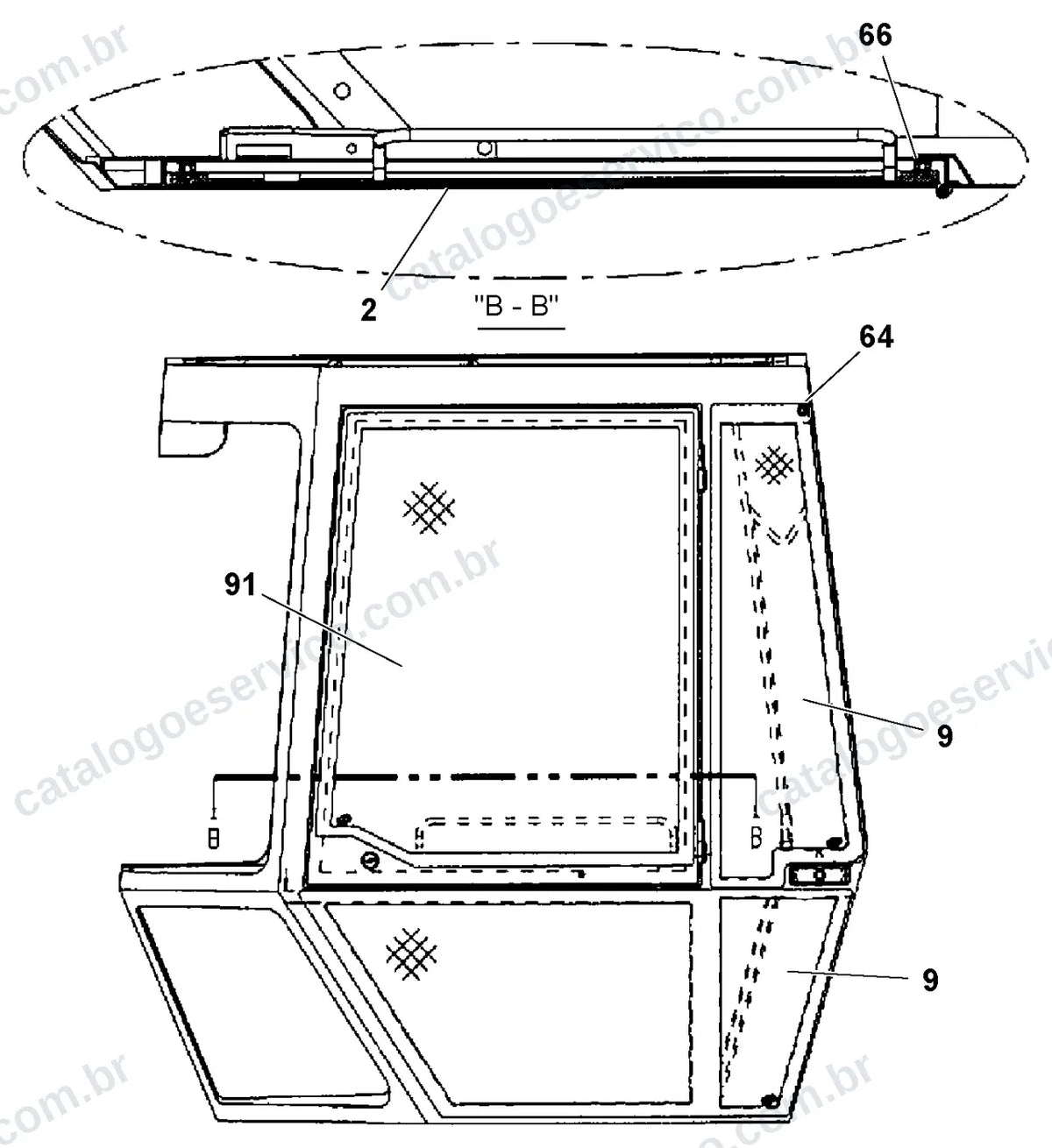 Vista explodida – cabine, carroceria e acessórios – Catálogo de Peças Volvo DD70HF