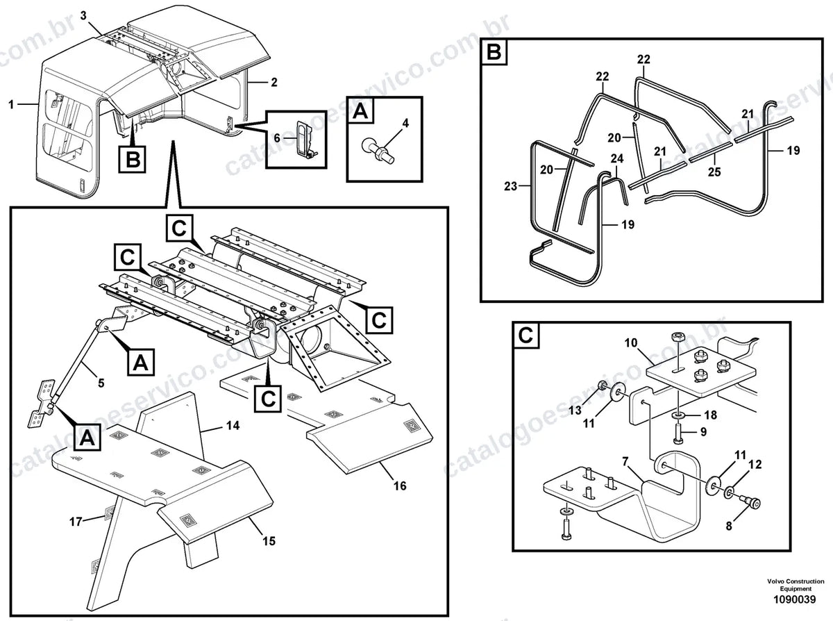 Vista explodida – cabine, carroceria e acessórios – Catálogo de Peças Volvo DD70HF