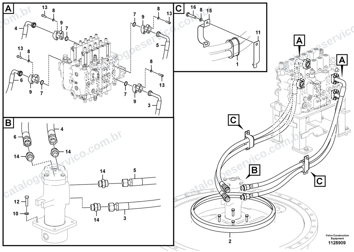 Vista explodida – sistema hidráulico e equipamento de trabalho – Catálogo de Peças Volvo EC210F 3 e EC210F L3