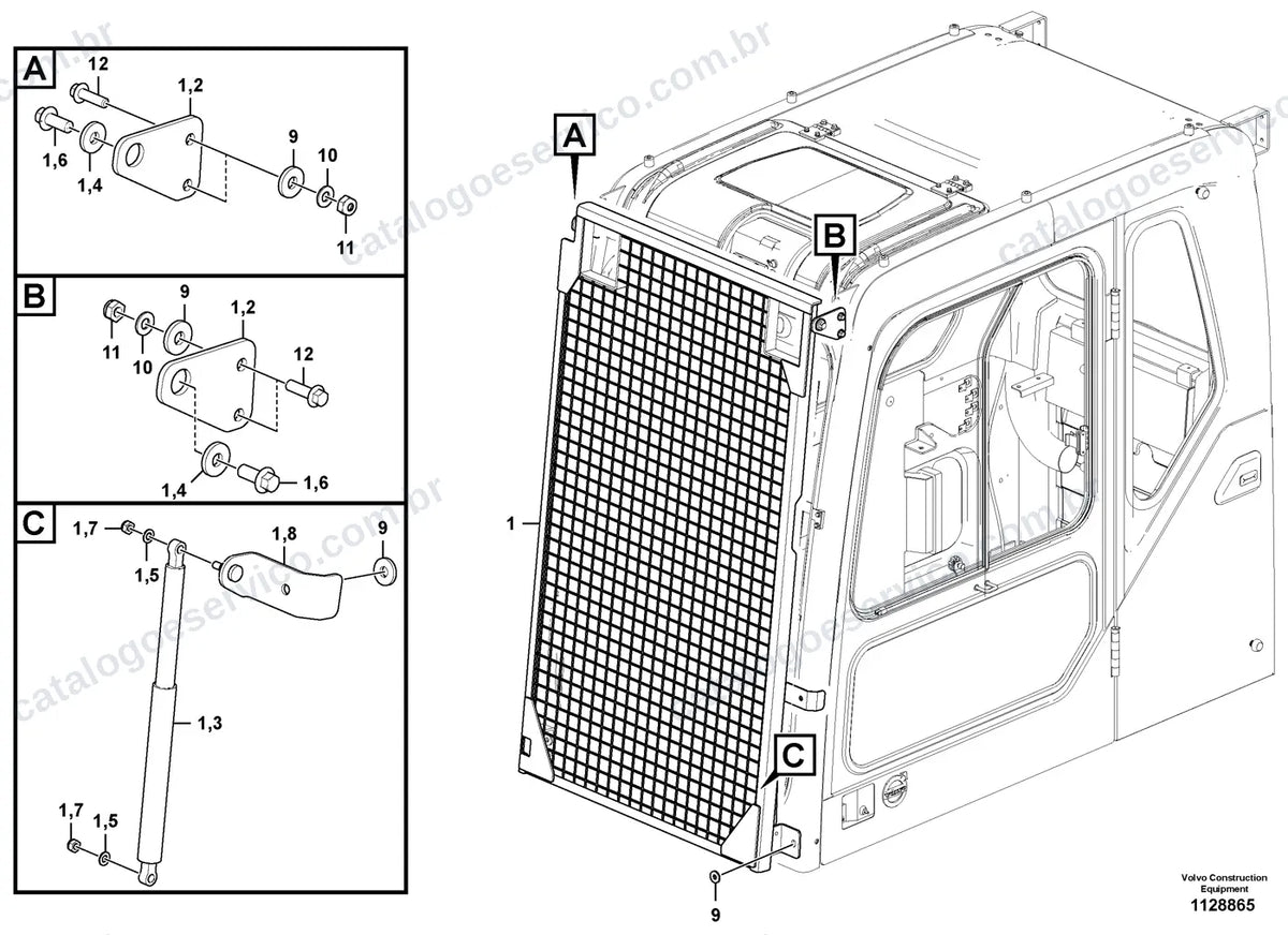 Vista explodida – cabine, carroceria e acessórios – Catálogo de Peças Volvo EC220D B
