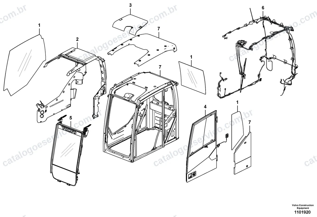 Vista explodida – cabine, carroceria e acessórios – Catálogo de Peças Volvo EC220E LS e EC220E LHDS