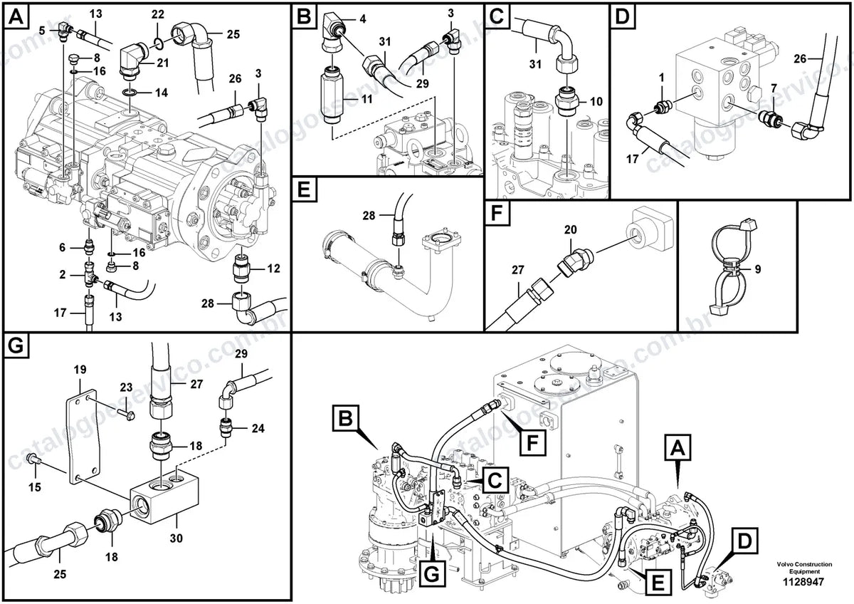 Vista explodida – sistema hidráulico e equipamento de trabalho – Catálogo de Peças Volvo EC220F (3, L3 e LR3)