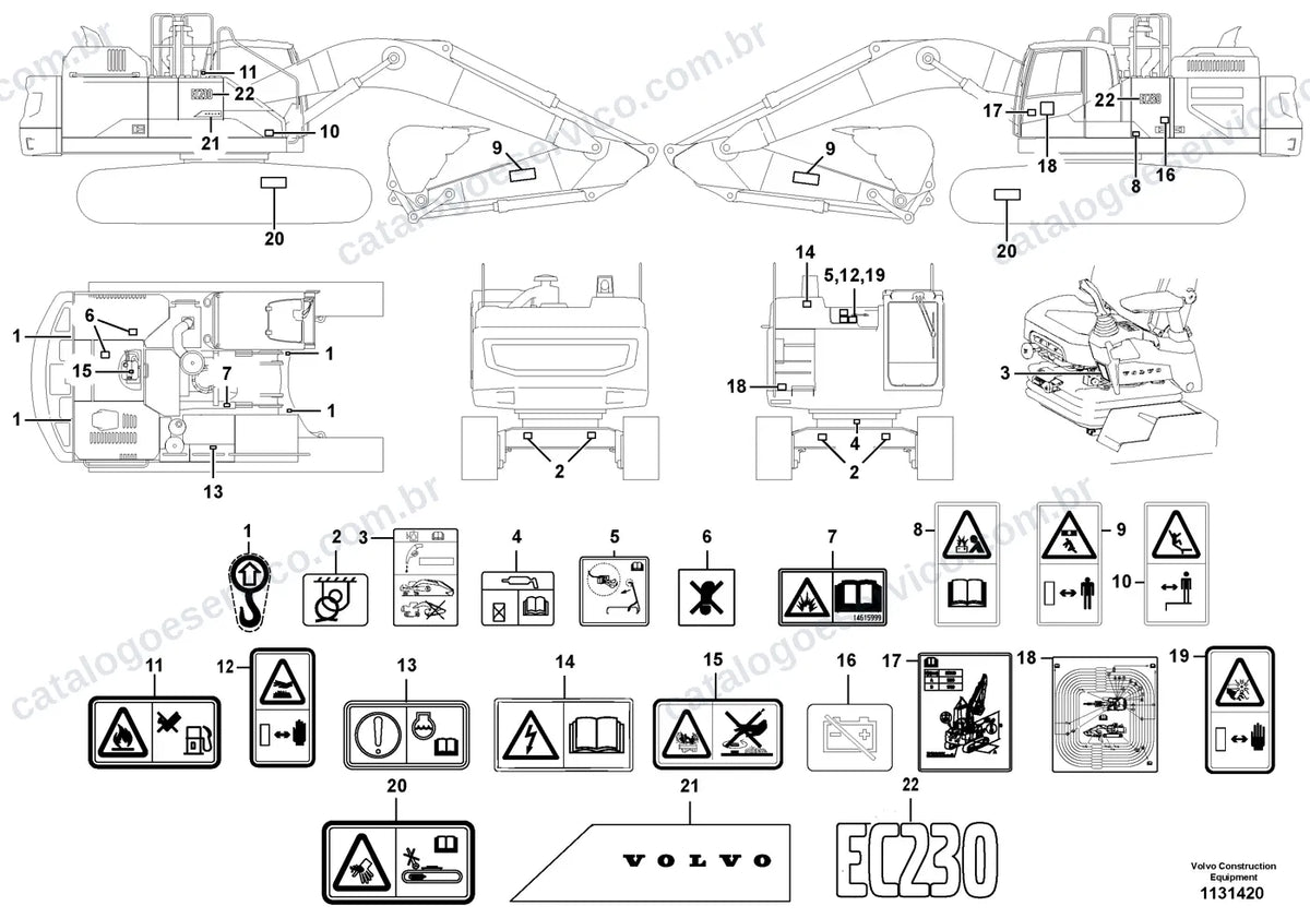 Vista explodida – cabine, carroceria e acessórios – Catálogo de Peças Volvo EC230F (3, L3 e LR3)