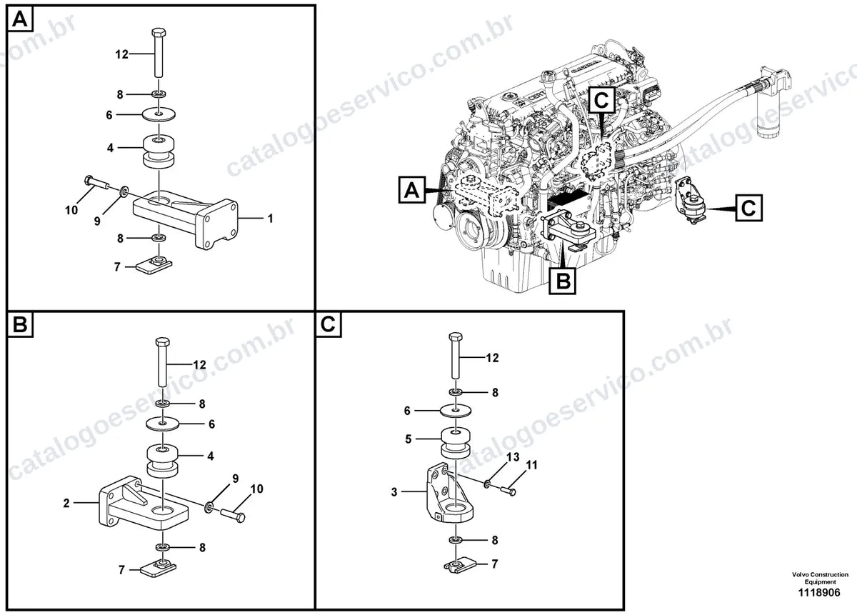 Vista explodida – motor – Catálogo de Peças Volvo EC260F (L5, LR5 e NL5)