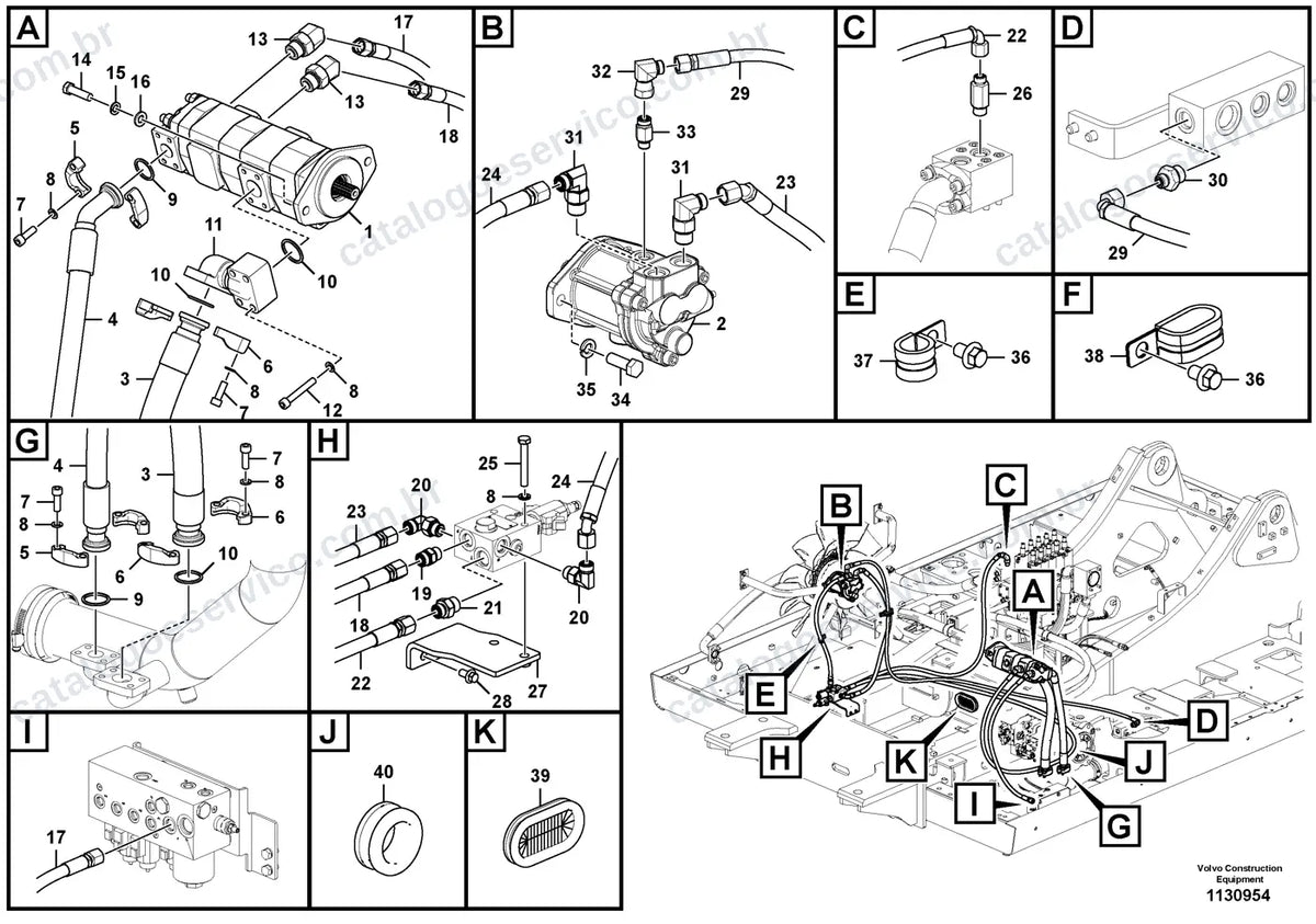 Vista explodida – sistema hidráulico e equipamento de trabalho – Catálogo de Peças Volvo EC300F L3 e EC300F LR3
