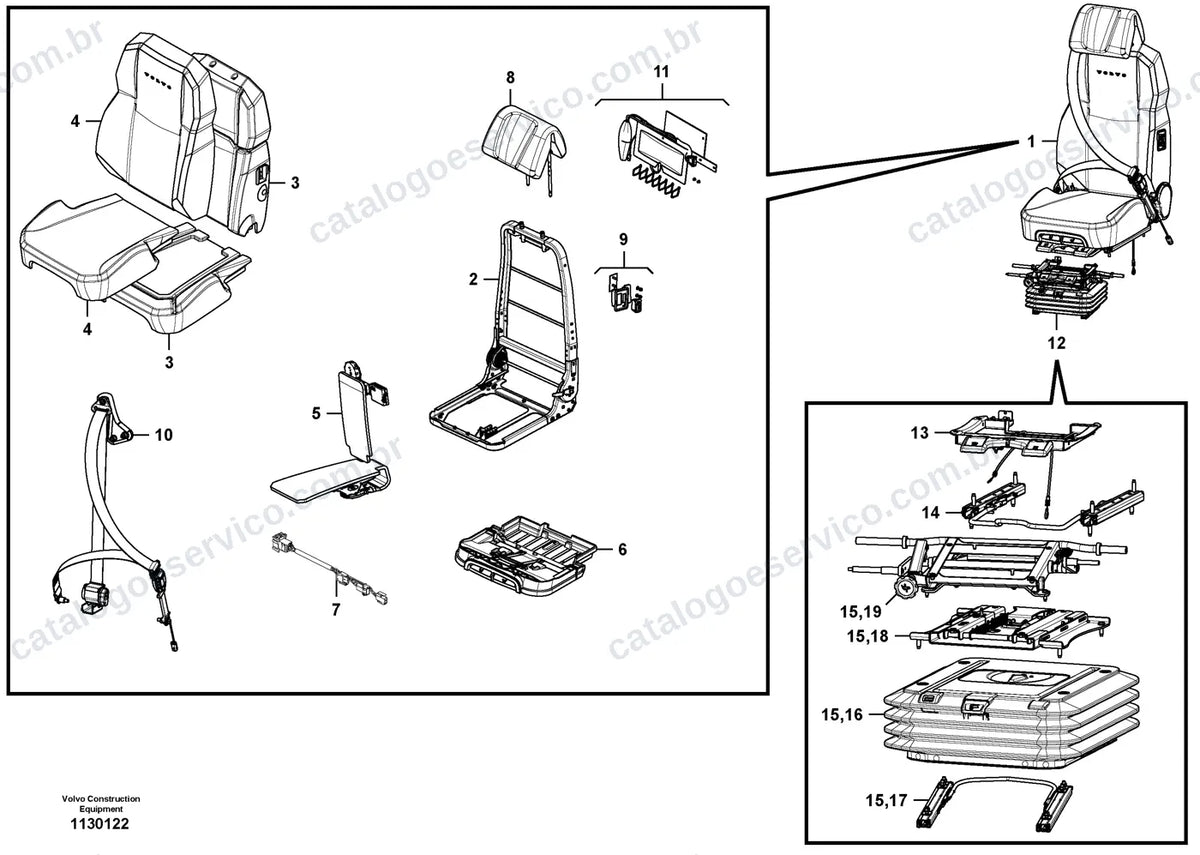 Vista explodida – cabine, carroceria e acessórios – Catálogo de Peças Volvo EC370F L5