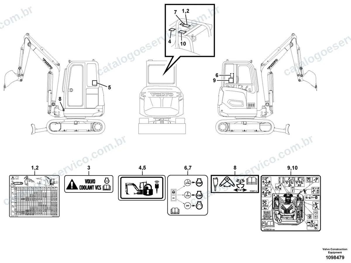 Vista explodida – cabine, carroceria e acessórios – Catálogo de Peças Volvo ECR18E