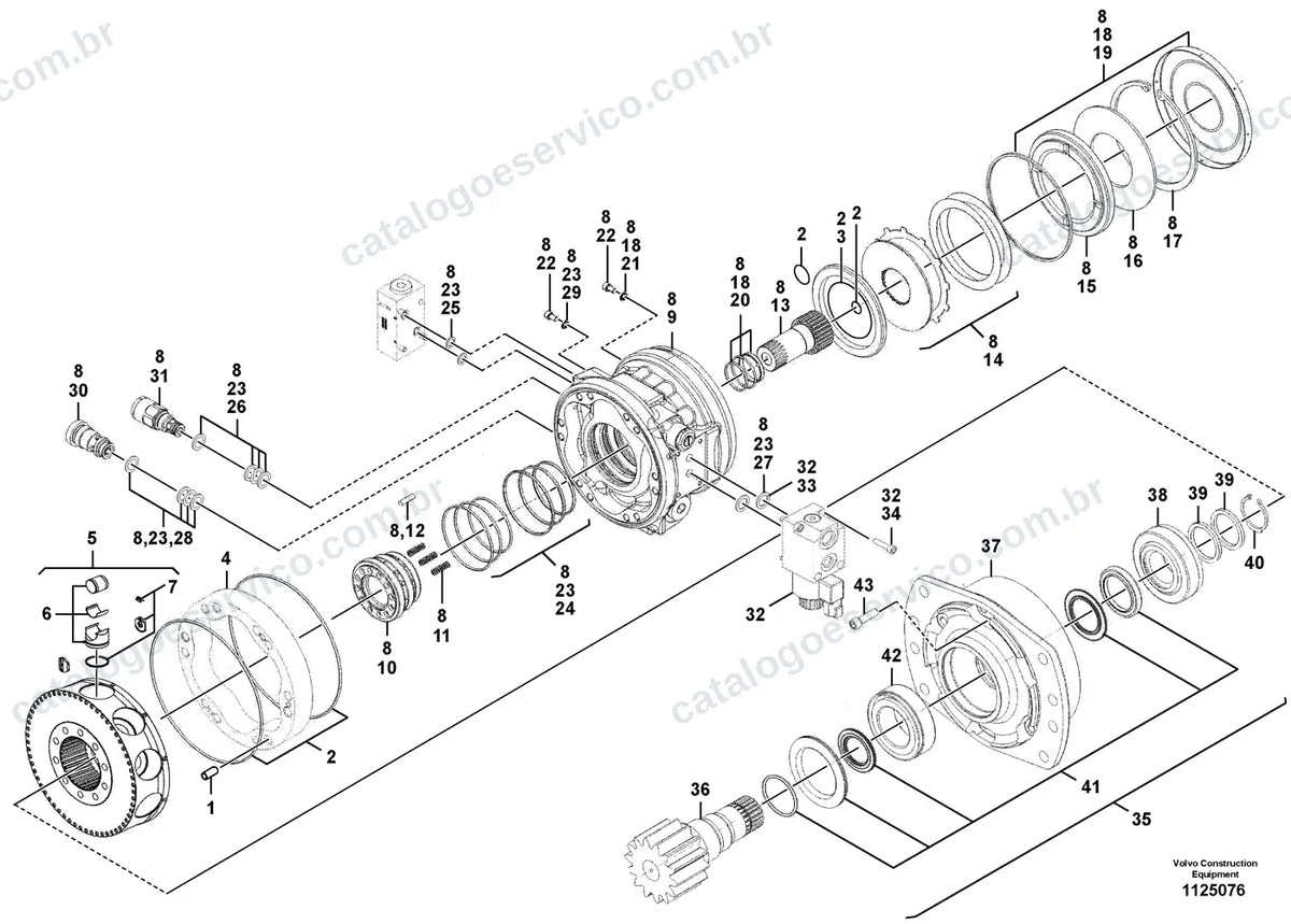 Vista explodida – transmissão de força – Catálogo de Peças Volvo ECR40F
