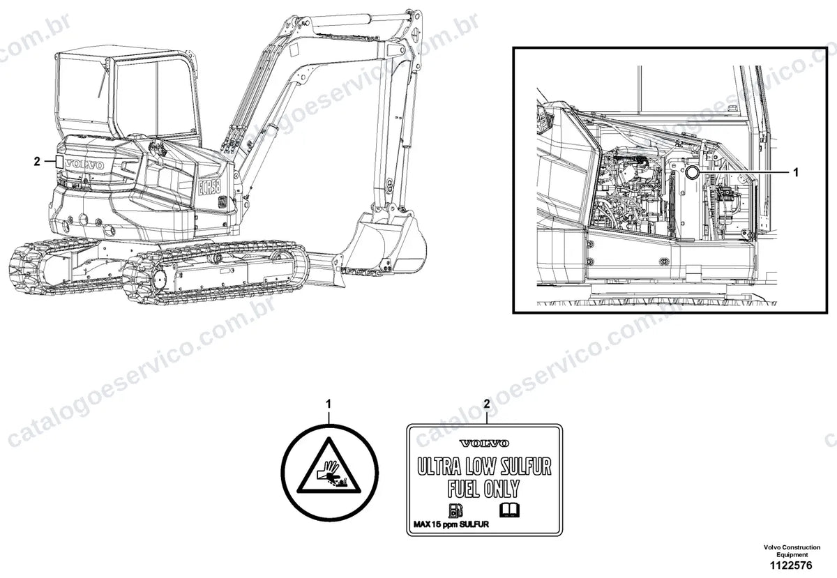 Vista explodida – cabine, carroceria e acessórios – Catálogo de Peças Volvo ECR40F