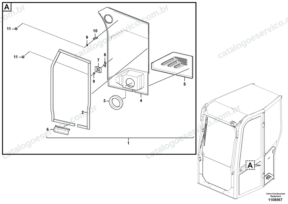 Vista explodida – cabine, carroceria e acessórios – Catálogo de Peças Volvo ECR50F