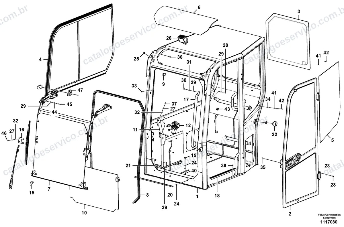 Vista explodida – cabine, carroceria e acessórios – Catálogo de Peças Volvo ECR58F