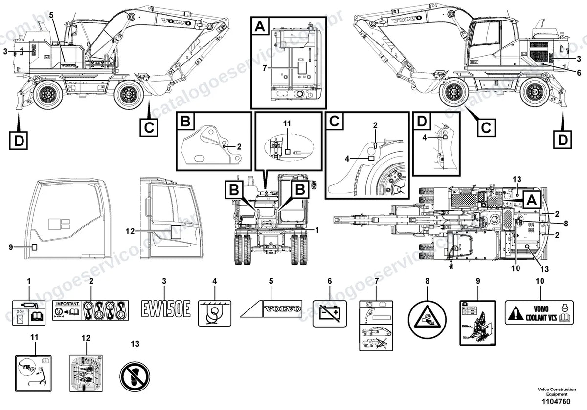 Vista explodida – cabine, carroceria e acessórios – Catálogo de Peças Volvo EW150E