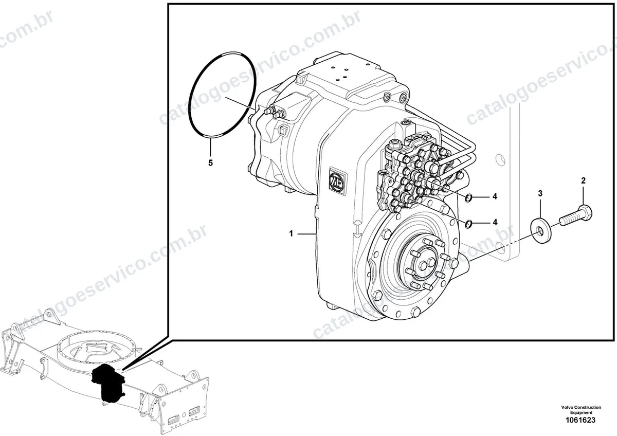 Vista explodida – transmissão de força – Catálogo de Peças Volvo EWR130E