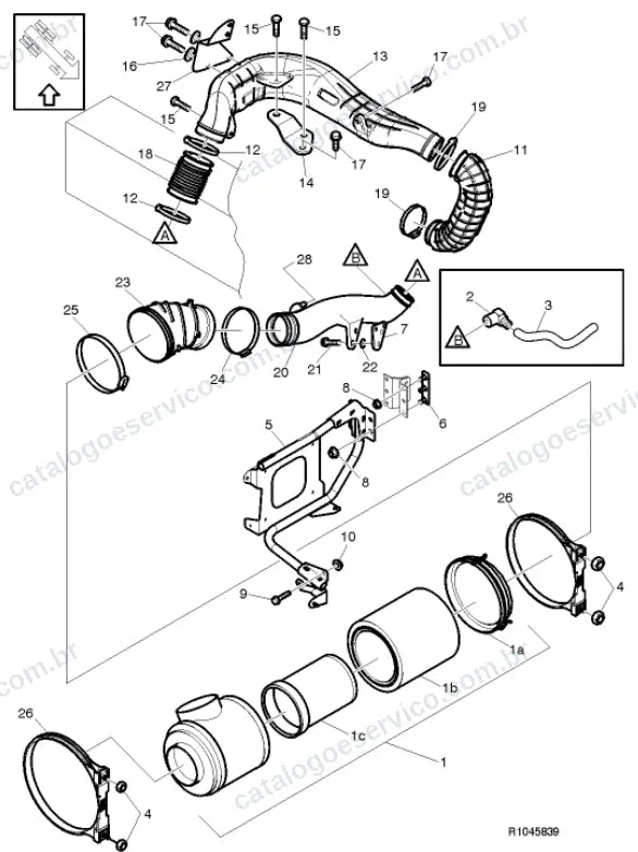 Vista explodida – motor com suporte ou coxim e equipamento – Catálogo de Peças Volvo FE 280